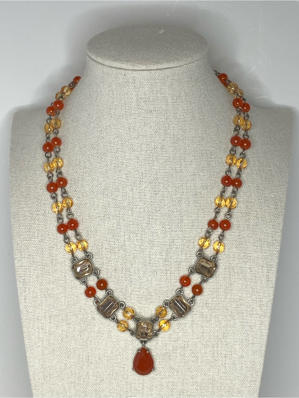 Avon Pot Metal Statement Necklace Amber Orange Glass Beads Crystal Pendant